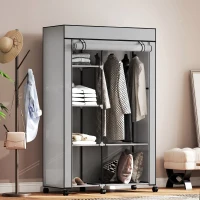 HOMCOM Armadio Portatile in Tessuto non Tessuto e Acciaio con Ruote, 6 Ripiani Aperti, Appendino, Grigio Chiaro(m-7)