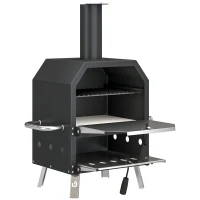 Outsunny Four à Pizza Extérieur à Bois et Charbon 2 Étages Combiné Barbecue Fumoir Pierre de 30 cm et Pelle Portable Noir(m-1)