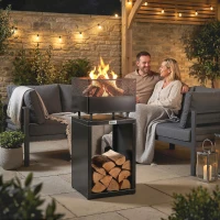 Outsunny Outdoor Fire Pit with Wood Storage Wood Burning Firepit with Mesh Sides 87 cm Black(m-10)