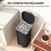 HOMCOM 30 L kosz na śmieci do kuchni, pedałowy z pokrywą, Soft-Close i funkcja utrzymania otwarcia, do kuchni i domu(m-4)