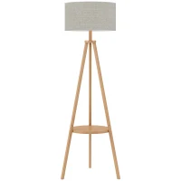 HOMCOM Bedside Light, Tripod Floor Lamp with Storage Shelf and Linen Shade for Living Room, 160cm, Natural Wood Colour(m-1)