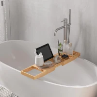 HomCom Mensola per Vasca da Bagno Ripiano Vassoio da Bagno in Bambù Naturale Lunghezza Estendibile 23.5x4x75-109cm(m-6)