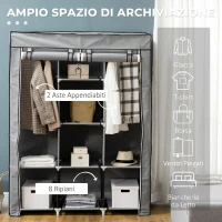 HOMCOM Armadio Salvaspazio con Base Rialzata, 8 Ripiani e 2 Barre, in Tessuto non Tessuto e Acciaio, Grigio Chiaro(m-4)