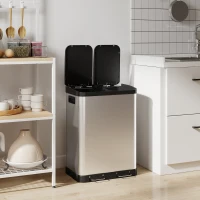 HOMCOM Papelera de Cocina de Doble Compartimento 2 x 30 L con Pedal de Acero Inoxidable Tapa con Cierre Suave Plateado(m-5)