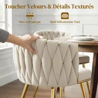 HOMCOM Lot de 2 chaises de salle à manger, chaises de cuisine rembourrées en velours avec dossier tressé et accoudoirs, crème(m-6)