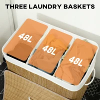 HOMCOM 3 Section Laundry Basket with Lid, 144L Bamboo Laundry Hamper with Handles, Removable and Washable Liner, Brown(m-4)