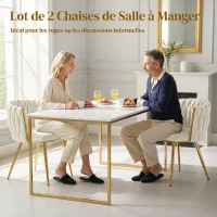 HOMCOM Lot de 2 chaises de salle à manger, chaises de cuisine rembourrées en velours avec dossier tressé et accoudoirs, crème(m-4)