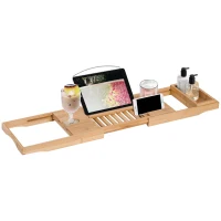 HomCom Mensola per Vasca da Bagno Ripiano Vassoio da Bagno in Bambù Naturale Lunghezza Estendibile 23.5x4x75-109cm(m-1)