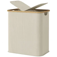 HOMCOM Cesto Portabiancheria da 80L a 2 Sezioni con Coperchio, in Tessuto non Tessuto e Bambù, 54x34x58.5 cm, Beige(m-11)