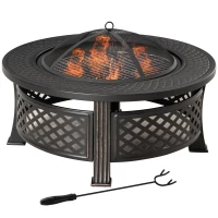 Outsunny vuurschaal met pook vonkenbescherming vuurkorf vuurtafel ronde vuurkorf voor in de tuin camping BBQ staal zwart 81 x 81 x 50 cm(m-11)
