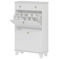 HOMCOM Scarpiera Salvaspazio Slim con 2 Ante a Ribalta, Scarpiera Ingresso con Ripiani Regolabili, Cassetto, Base Rialzata, Bianco(m-11)