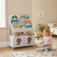 AIYAPLAY Bibliotecă Montessori pentru Copii 3-8 Ani cu 4 Rafturi și 2 Cutii cu Imprimeu Leu, Alb(m-10)