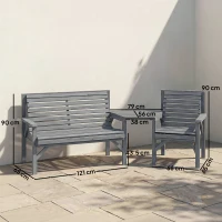 Outsunny Wooden Garden Furniture Set with Parasol Hole, 1 Chair, 1 Bench and Detachable Table, Grey Embossed Finish(m-3)