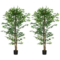 HOMCOM Pack de 2 Plantas Artificiales con Troncos Naturales 180 cm Ficus Sintética con 1260 Hojas Decoración para Hogar Verde(m-9)