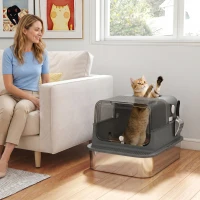 PawHut Caixa de Areia para Gatos XXL em Aço Inoxidável com Tampa Basculante, Laterais Altas, Entrada Superior, Pá, Preto(m-10)