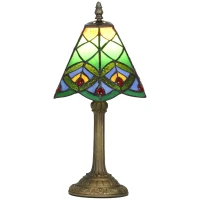 HOMCOM Tiffany-Style Table Lamp with Geometric Patterns, Handcrafted Antique Stained Glass Bedside Lamp for Living Room and Bedroom, E27 Socket, Green(m-1)