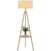 HOMCOM Bedside Light, Tripod Floor Lamp with Storage Shelf and Linen Shade for Living Room, 160cm, Natural Wood Colour(m-14)