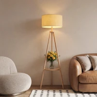 HOMCOM Bedside Light, Tripod Floor Lamp with Storage Shelf and Linen Shade for Living Room, 160cm, Natural Wood Colour(m-8)
