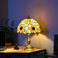HOMCOM Tiffany Stained Glass Table Lamp, Handmade Antique Bedside Lamp for Bedroom, Living room, Home, Nightstand, Decorative Night Light, Orange Sunflower(m-10)