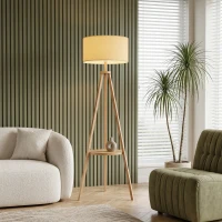 HOMCOM Bedside Light, Tripod Floor Lamp with Storage Shelf and Linen Shade for Living Room, 160cm, Natural Wood Colour(m-13)