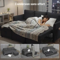 HOMCOM Canapé d'Angle Convertible, Canapé-Lit 3 Places 192 cm avec Méridienne Réversible, Rangement Caché, Gris Anthracite(m-4)