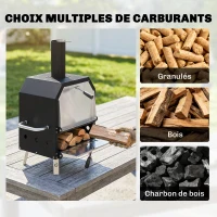 Outsunny Four à Pizza Extérieur à Bois et Charbon 2 Étages Combiné Barbecue Fumoir Pierre de 30 cm et Pelle Portable Noir(m-5)