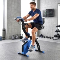 HOMCOM Vélo d'Appartement Pliable 4-en-1 - Ergomètre Magnétique Silencieux avec Cordes de Résistance - Sport Maison et Cardio-training avec Roulettes, Selle Confort et LCD (Max 120kg), Bleu(m-8)