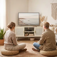HOMCOM Mueble TV de Esquina 115 cm Mueble para Televisor de hasta 165,1 cm 2 Puertas de Ratán 2 Compartimentos Roble(m-4)