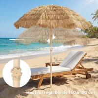 Outsunny Parasol de plage Ø 1,85 m, grand parasol inclinable, style hawaïen, hauteur du mât réglage, sac de transport , kaki(m-7)
