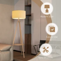 HOMCOM Bedside Light, Tripod Floor Lamp with Storage Shelf and Linen Shade for Living Room, 160cm, Natural Wood Colour(m-5)