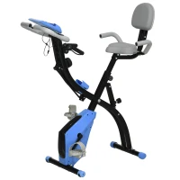 HOMCOM Vélo d'Appartement Pliable 4-en-1 - Ergomètre Magnétique Silencieux avec Cordes de Résistance - Sport Maison et Cardio-training avec Roulettes, Selle Confort et LCD (Max 120kg), Bleu(m-12)