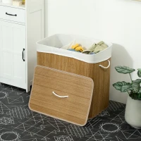 HOMCOM 3 Section Laundry Basket with Lid, 144L Bamboo Laundry Hamper with Handles, Removable and Washable Liner, Brown(m-9)