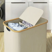 HOMCOM Cesto Portabiancheria da 80L a 2 Sezioni con Coperchio, in Tessuto non Tessuto e Bambù, 54x34x58.5 cm, Beige(m-9)