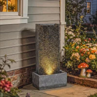 Outsunny Springbrunnen 2-stufig Gartenbrunnen mit LED Beleuchtung Pumpe Granitoptik 37,5 x 22 x 80 cm(m-10)