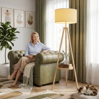 HOMCOM Bedside Light, Tripod Floor Lamp with Storage Shelf and Linen Shade for Living Room, 160cm, Natural Wood Colour(m-2)