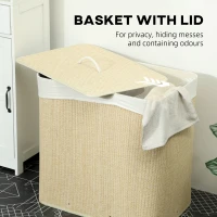 HOMCOM 3 Section Laundry Basket with Lid, 144L Bamboo Laundry Hamper with Handles, Removable and Washable Liner, Cream White(m-5)