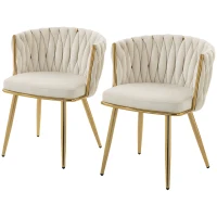 HOMCOM Lot de 2 chaises de salle à manger, chaises de cuisine rembourrées en velours avec dossier tressé et accoudoirs, crème(m-13)