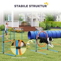 PawHut Zestaw treningowy Agility dla psów, 8-częściowy zestaw z tunelem, tyczkami slalomu, regulowanymi przeszkodami, obręczą do skoków, miską(m-6)
