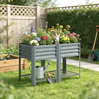 Outsunny Raised Garden Bed with Storage Shelf Steel Elevated Planter Box with Legs for Outdoor Vegetables Flowers(m-9)