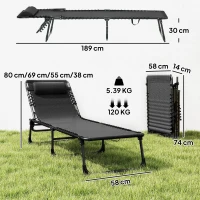 Outsunny Lettino Prendisole in Acciaio e Tessuto Traspirante con Schienale Reclinabile, 189x58x30 cm, Nero(m-3)