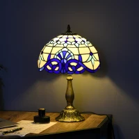 HOMCOM Tiffany Stained Glass Table Lamp, Handmade Antique Bedside Lamp for Bedroom, Living room, Home, Nightstand, Decorative Night Light, Blue(m-10)