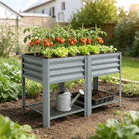 Outsunny Raised Garden Bed with Storage Shelf Steel Elevated Planter Box with Legs for Outdoor Vegetables Flowers(m-10)