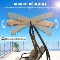 Outsunny Balancelle de jardin 3 places convertible toit inclinaison réglable 2 tablettes 2 x 1,2 x 1,64 m acier sable(m-5)