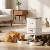 PawHut Alimentador Automático para Gatos/Cães 4L com 2 Tigelas, Dispensador de Ração 1-6 Refeições por Dia e Dupla Alimentação(m-10)