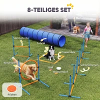 PawHut Zestaw treningowy Agility dla psów, 8-częściowy zestaw z tunelem, tyczkami slalomu, regulowanymi przeszkodami, obręczą do skoków, miską(m-4)