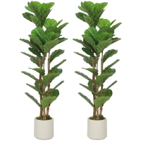 HOMCOM Lote de 2 Plantas Artificiales 120 cm Ficus Lyrata Árbol Artificial con Maceta de Plástico y Tronco de Madera Maciza Verde