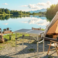 Outsunny Table pliante aluminium, table de camping pliante, poignée 4 hauteurs réglables avec Rangement 60x40x60cm, blanc(m-2)