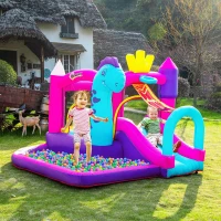 Outsunny Château Gonflable avec Toboggan, Trampoline, Aire de Jeux Piscine et Panier Jusqu'à 3 Enfants +3 Ans gonfleur et Sac de Transport Souffleur 350W inclus dim. 300L x 270l x 200H cm Multicolore(m-10)