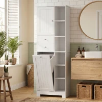 HOMCOM Armario de Baño Alto de 171 cm Armario de Baño Estrecho con Cesta de Ropa Extraíble 2 Cajones Blanco(m-2)