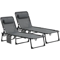 Outsunny Conjunto de 2 Tumbonas Plegables con Respaldo Ajustable Reposacabezas y Estructura de Acero 185x58x30 cm Gris(m-11)